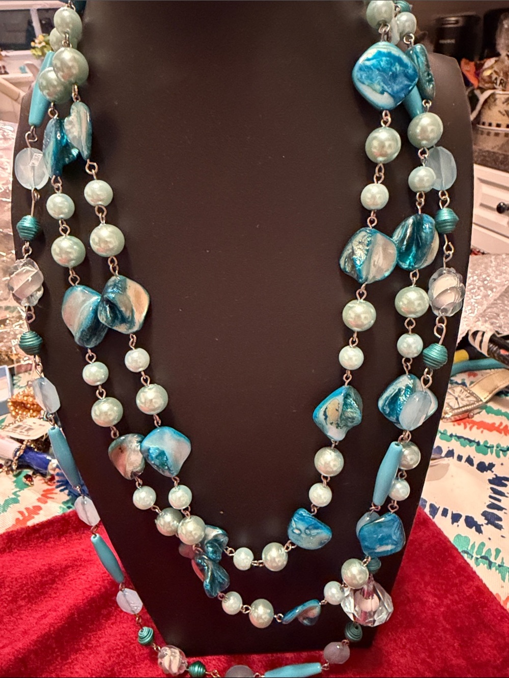 Double or triple strand Teal Beaded Statement Necklace gorgeous beads